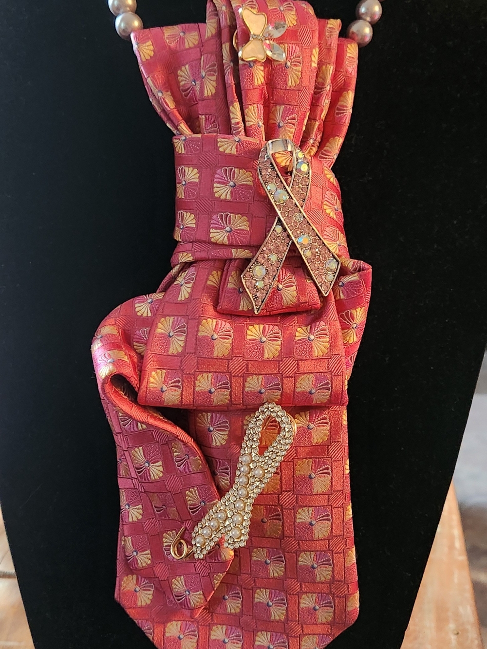 Dark Pink Tie Necklace with Rhinestone Ribbon Accents